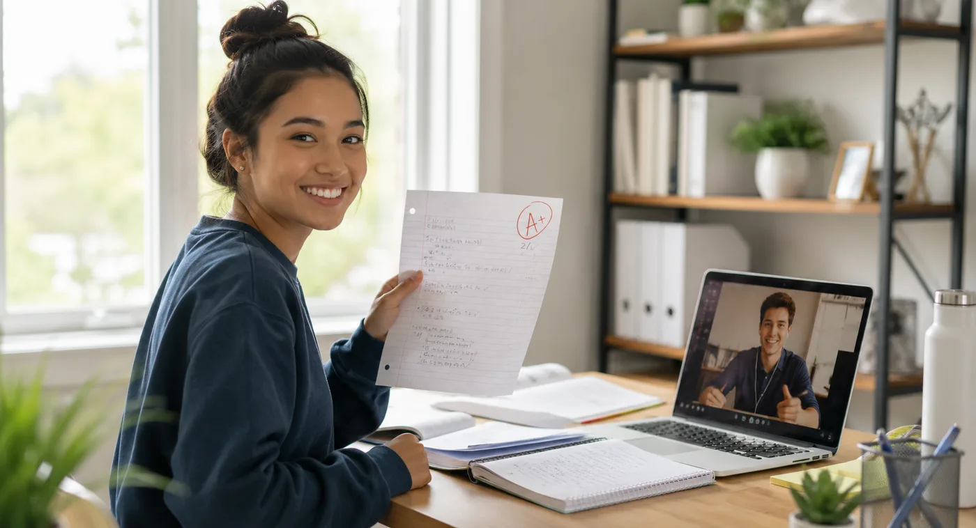 Student proudly showing a graded A+ assignment during an online tutoring session