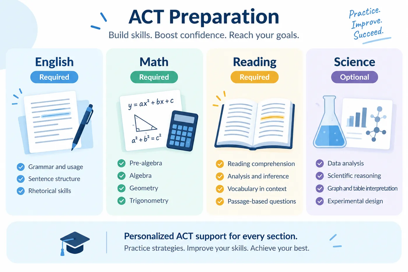 The four ACT sections shown as four columns. English, Math and Reading are each marked Required; Science is marked Optional. Each column lists what it covers: English grammar, sentence structure and rhetorical skills; Math from pre-algebra through trigonometry; Reading comprehension, analysis and vocabulary in context; and Science data analysis, scientific reasoning, graph interpretation and experimental design.