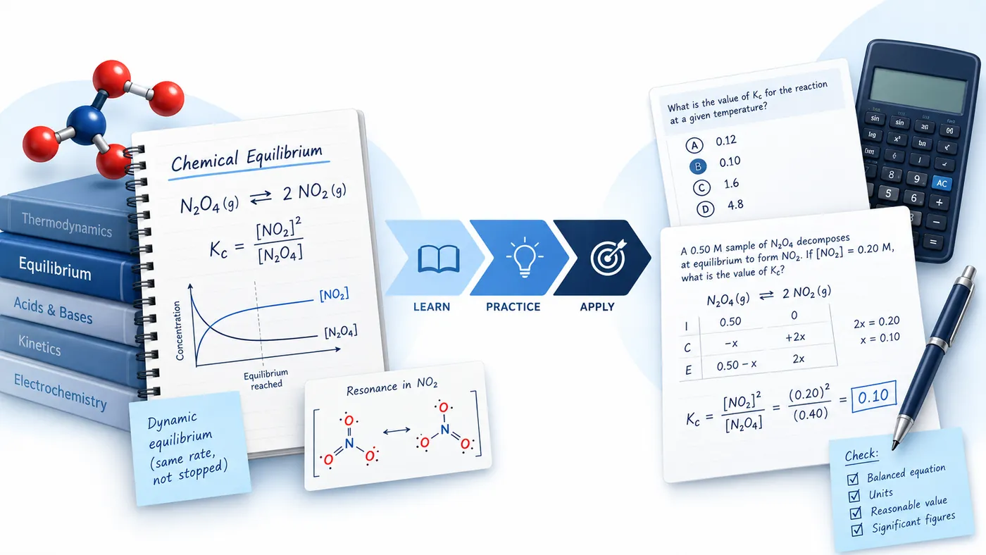 An AP Chemistry equilibrium worked example moving from learning to practice to application. For N₂O₄ ⇌ 2 NO₂ with Kᴄ = [NO₂]² ÷ [N₂O₄]: starting from 0.50 M N₂O₄ with [NO₂] = 0.20 M at equilibrium, an ICE table gives 2x = 0.20, so x = 0.10 and [N₂O₄] = 0.40 M, giving Kᴄ = (0.20)² ÷ 0.40 = 0.10. A checklist alongside prompts checking the balanced equation, units, whether the value is reasonable, and significant figures.