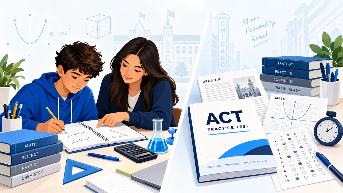 Two students working side by side. One is on school coursework — a notebook of algebra and geometry working, with math and science textbooks stacked beside it. The other is on ACT preparation, with a practice test booklet and a bubbled answer sheet.