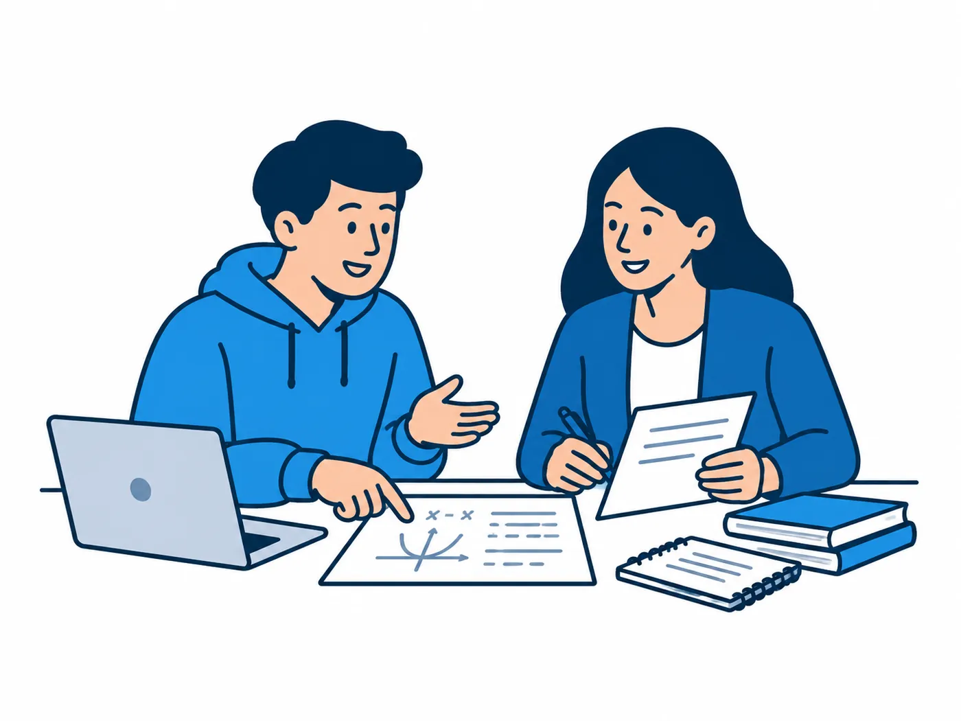 A student and a tutor sitting together at a desk, working through a course worksheet with a graph on it, alongside a laptop, notebook and textbooks.