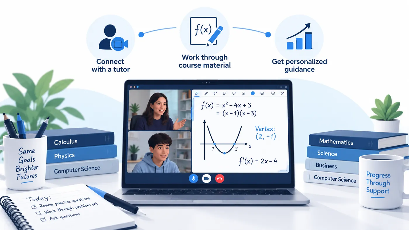Three steps of an online lesson: connecting with a tutor by video, working through course material on a shared whiteboard, and receiving guidance. The whiteboard shows f(x) = x squared minus 4x plus 3 factorised as (x minus 1)(x minus 3), with roots at 1 and 3 and a vertex at (2, -1).