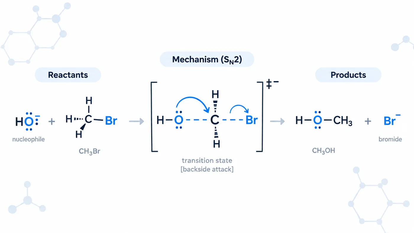 The S_N2 mechanism for hydroxide reacting with bromomethane. Hydroxide, carrying three lone pairs and a negative charge, attacks the carbon from the side directly opposite the bromine. A curved arrow runs from an oxygen lone pair to the carbon, and a second from the carbon–bromine bond to bromine. The transition state is drawn in brackets with a double dagger and an overall negative charge, showing partial bonds to both oxygen and bromine. The products are methanol and bromide.