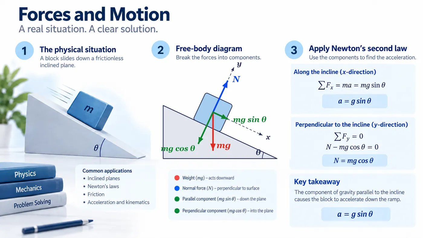 A block on a frictionless 25-degree incline, shown three ways. The free-body diagram resolves the weight mg into a component mg sin θ acting down the slope and a component mg cos θ acting into the surface, balanced by the normal force N. Newton’s second law along the slope gives ma = mg sin θ, so a = g sin θ; perpendicular to it the forces balance, so N = mg cos θ.