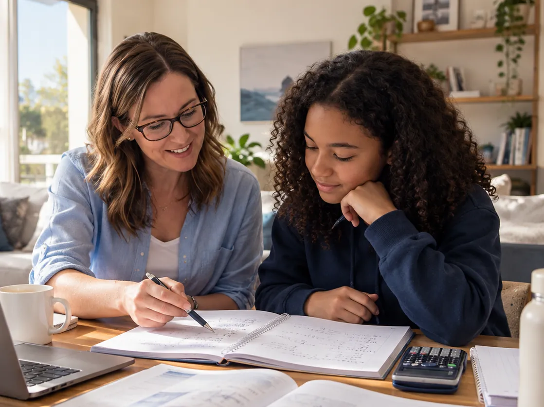 A tutor and a high school student working through algebra problems together in a notebook, with a graphing calculator and textbook on the table