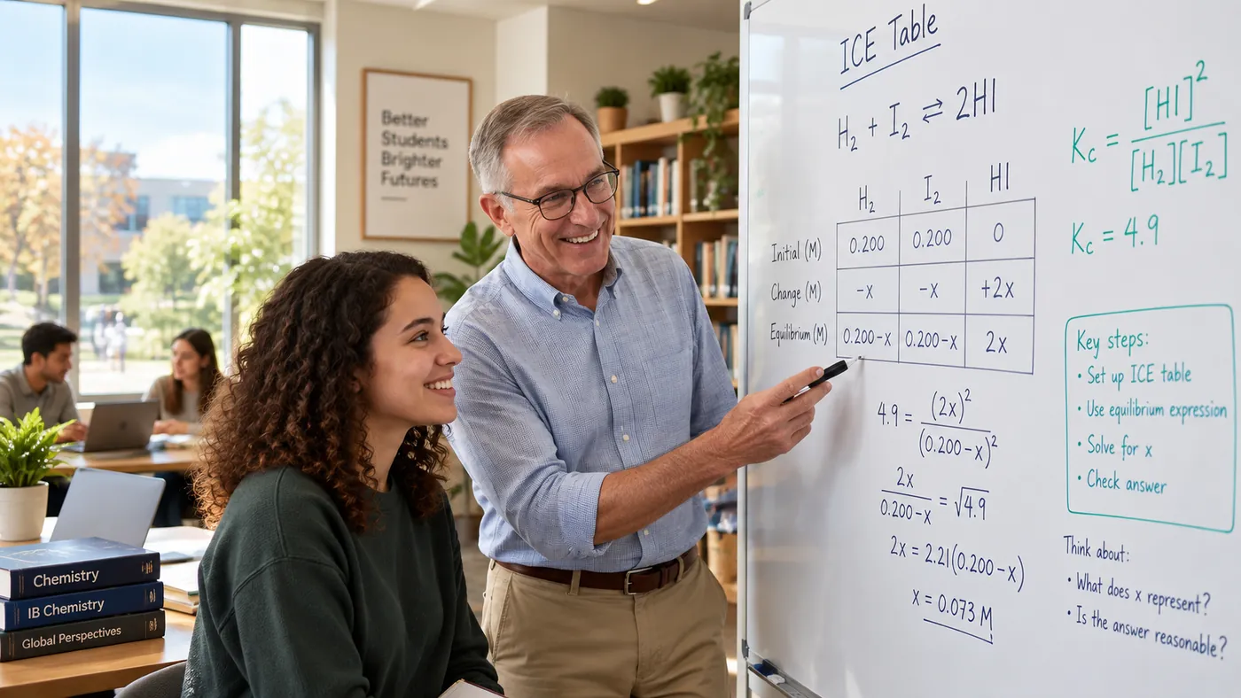 A tutor and a student working through an AP Chemistry equilibrium problem together at a desk, with an ICE table on the board behind them and chemistry textbooks beside them