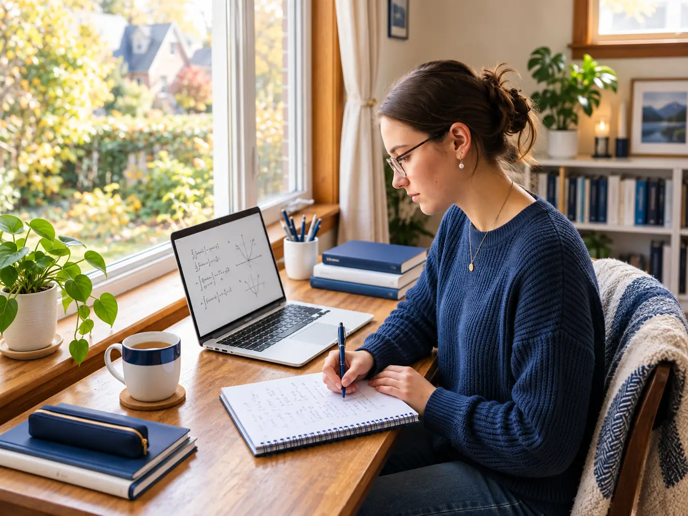 A student working through calculus problems by hand in a notebook at a home desk, with integral expressions and a graph shown on the laptop beside her
