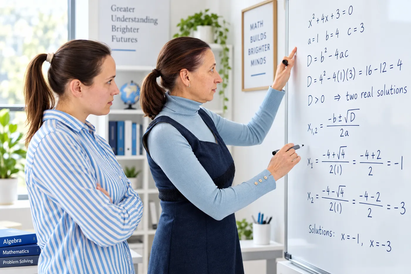 A tutor at a whiteboard working through the quadratic formula with a student, solving x squared plus 4x plus 3 equals zero
