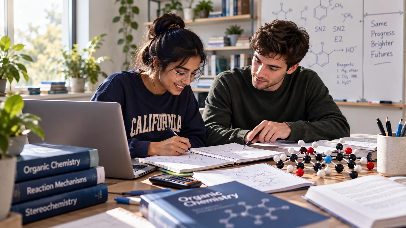 A tutor and a college student working through reaction mechanisms together at a desk, with organic chemistry textbooks, a molecular model kit and a whiteboard of mechanism notes behind them
