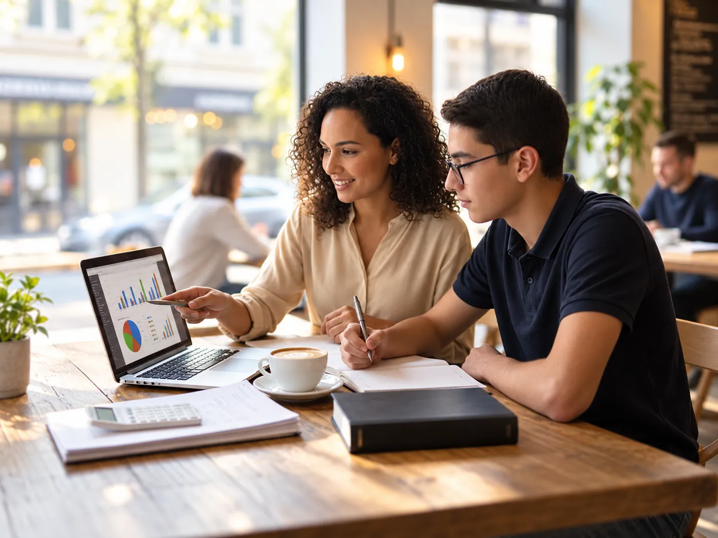 A tutor and a student reviewing statistics coursework together, with charts and a laptop on the desk