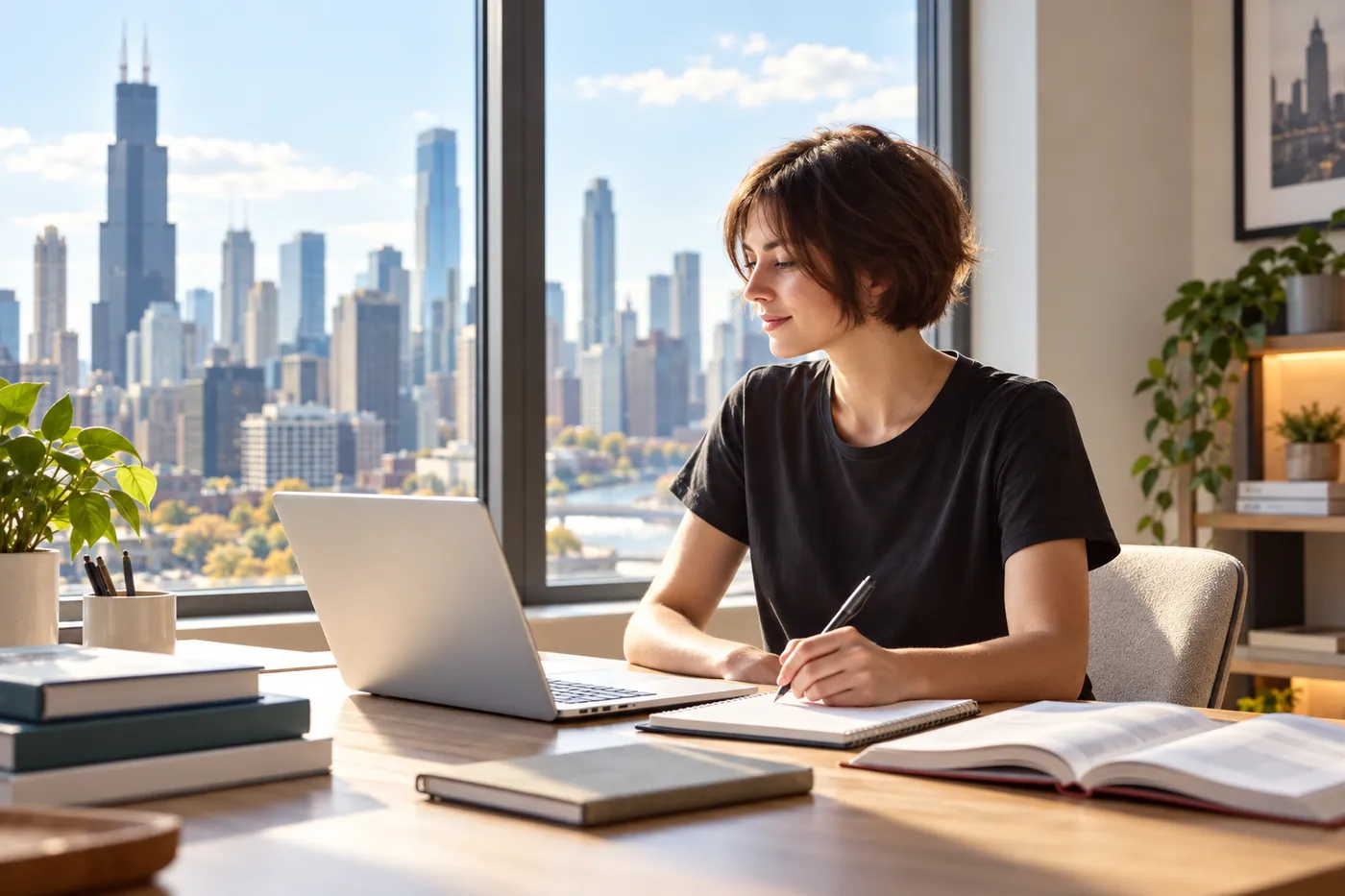 A student working at a desk with a laptop, notebook and open textbook, with the Chicago skyline visible through the window beside her