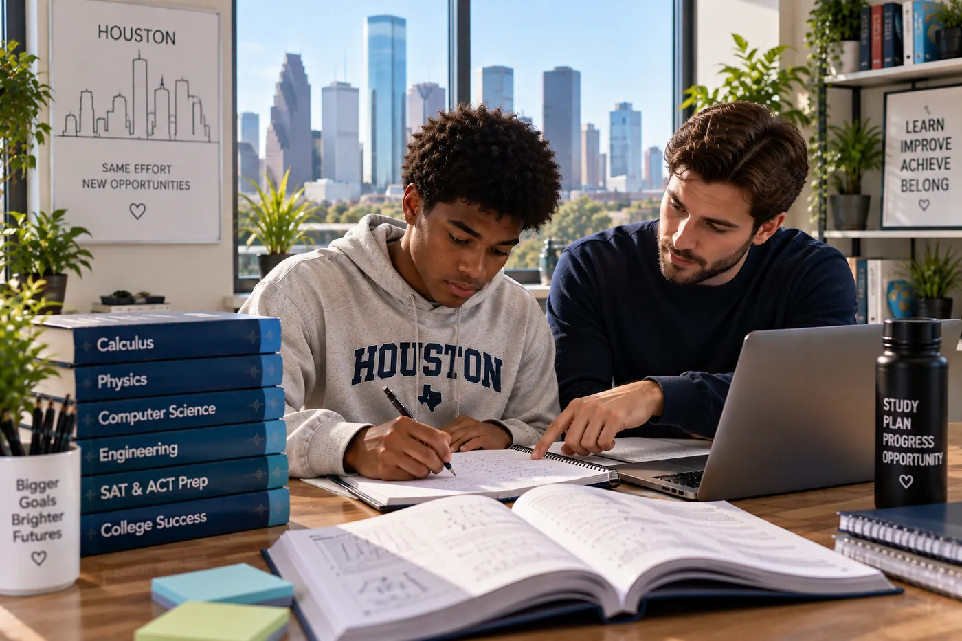 A tutor and a student working through a problem set together at a desk, with the Houston skyline visible through the window behind them