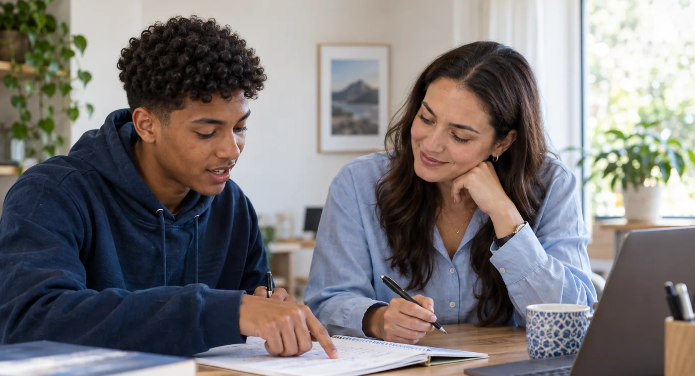 A student explains their working to a tutor at a shared desk