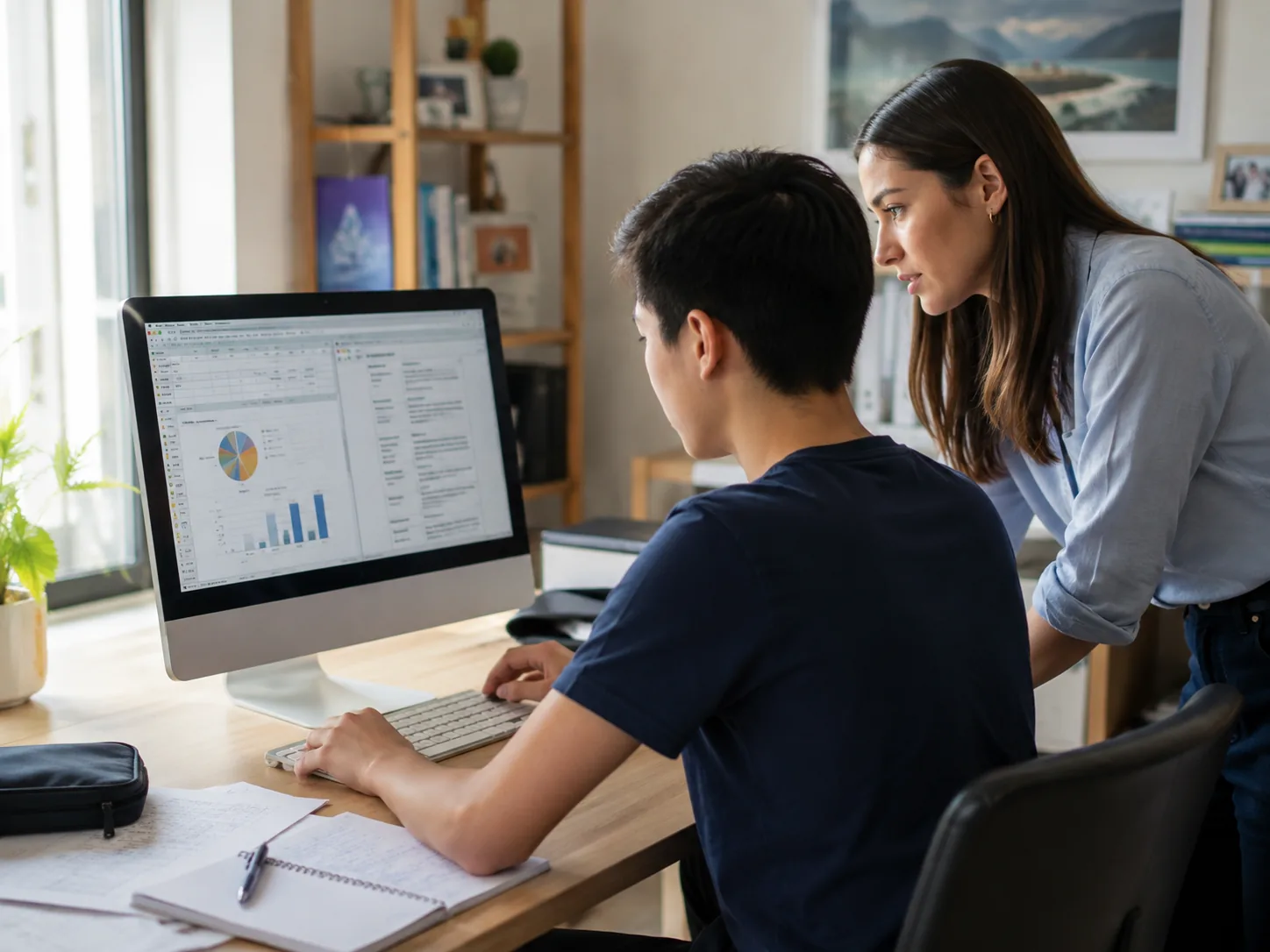 A student building a spreadsheet on a desktop computer while a tutor guides him