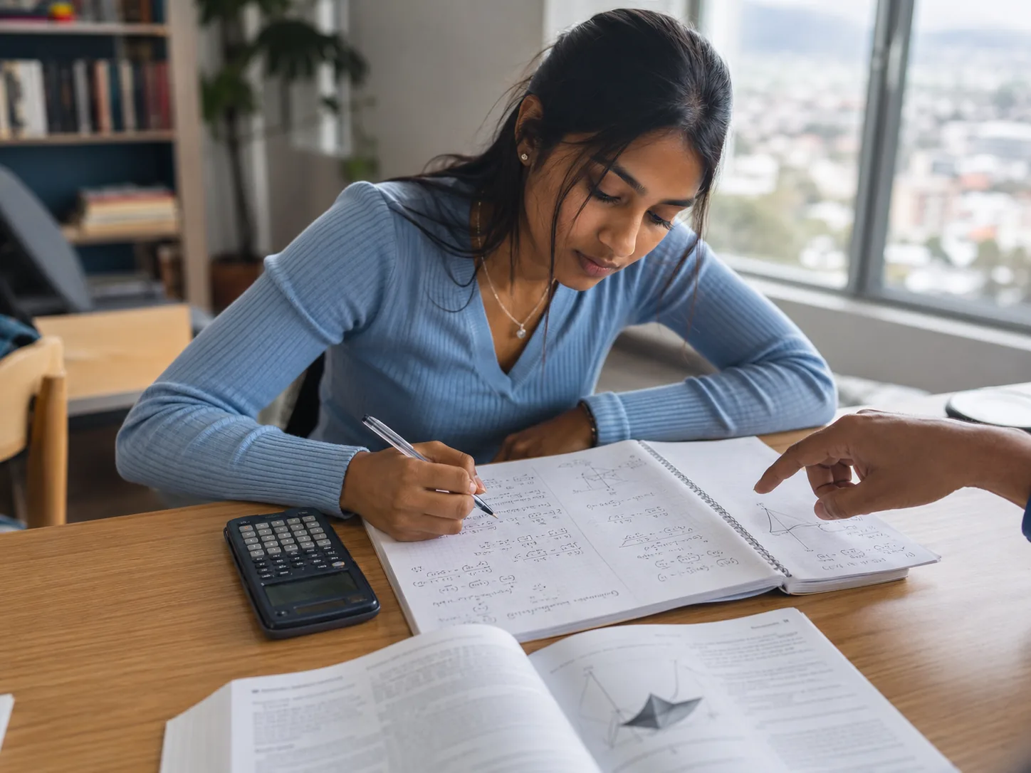 A student working through maths problems while a tutor points to her notebook