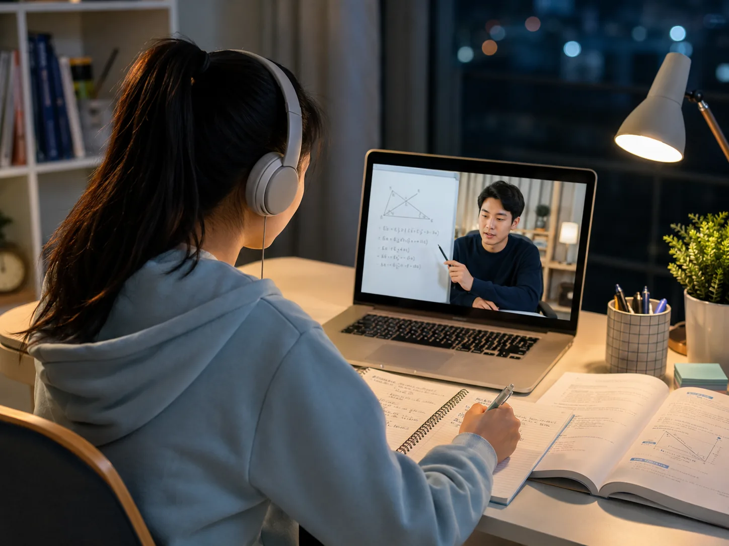 A student in a headset following an online lesson while her tutor explains a diagram