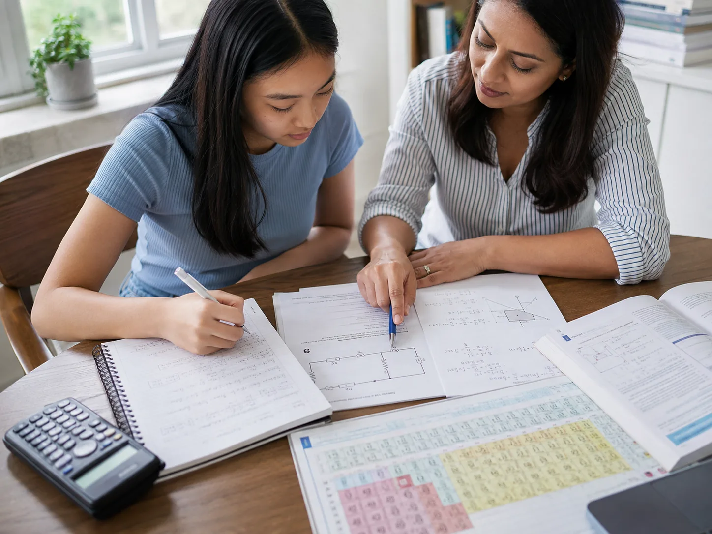 A tutor explaining a circuit diagram to a student, with a periodic table alongside