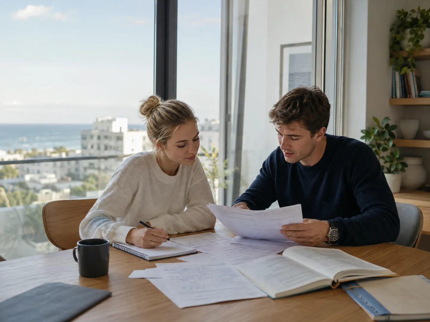 A tutor and a student going over written work at a table overlooking the coast