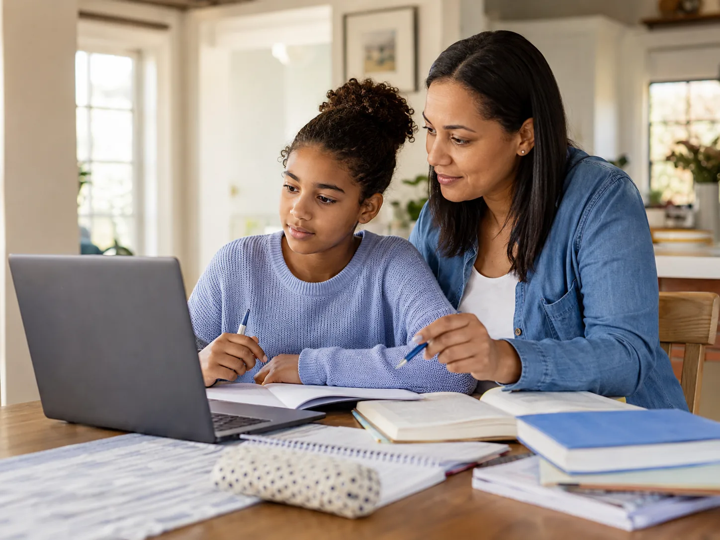 A tutor and a young student working together at a laptop at home