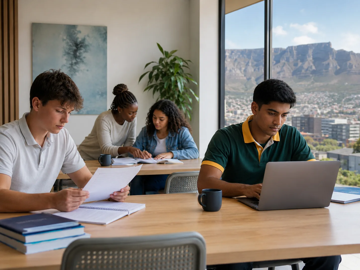 Students working at a shared study table with Table Mountain visible through the window